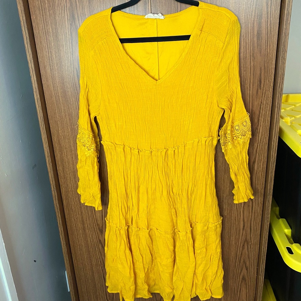 Just Found Tiered Mini Dress Womens 2X Yellow Lace Crochet Long Sleeve Boho